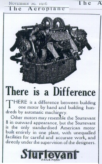 Advert for the Sturtevant 8 in The Aeroplane November 1916