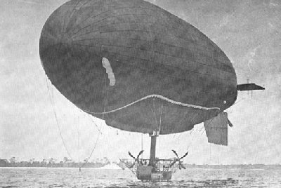 Photographed on April 27, 1917, the US Navy's first nonrigid airship, DN-1, maneuvers on the water at Pensacola, Fla. Due to manufacturing problems and poor engines, it could barely get airborne.