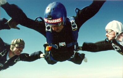 Bob and two others joining up during freefall whilst flying from Dunkeswell airfield, near Honiton, Devon in 1980.